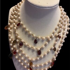 Delicate Faux Pearl 5 Strand Necklace w/ Tear Drop Shaped Jewel Accents VTG EUC!